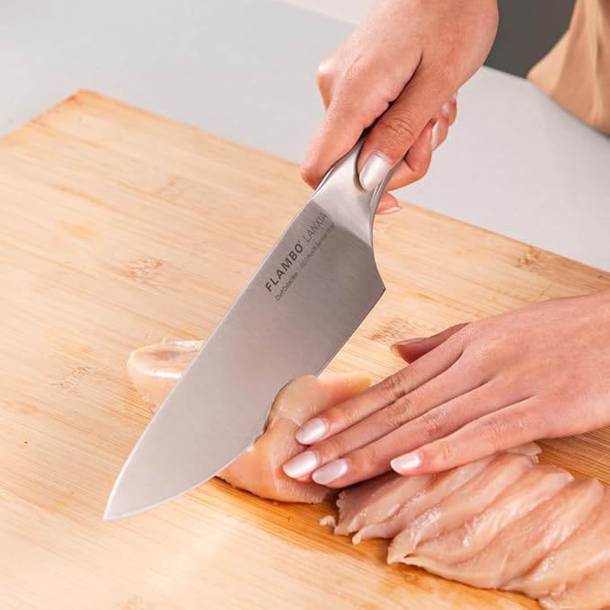 Flambo 8 Inch Chef Knife - Premium German Steel Kitchen Knives with Precision 15° Edge, Easy to Hold Ergonomic All-Metal Handle, Lightweight, Balanced, Easy to Clean Kitchen Knife