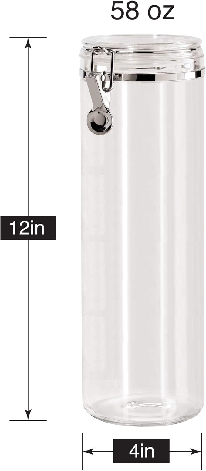 OGGI Tall Clear Canister with Clamp Lid, 58 oz - Large Airtight Food Storage Container, Ideal for Kitchen & Pantry Storage of Bulk, Dry Foods Including Pasta & Spaghetti, Plastic