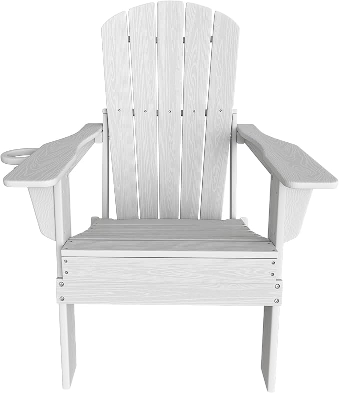 Plawdlik Folding Adirondack Chair, SGS Tested, Wooden Textured with Cup Holder, Heavy All-Weather HDPE Comfortable Set Poolside Backyard Lawn White