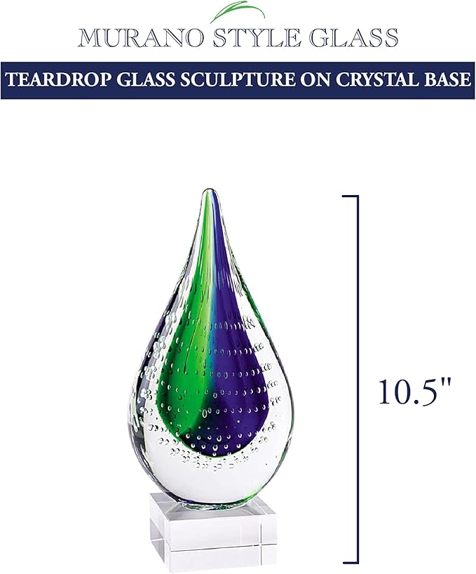Badash Blue-Green Murano-Style Art Glass Centerpiece - 10.5" Tall Mouth-Blown Teardrop Glass Sculpture on Crystal Base - Contemporary Home Decor Accent Piece