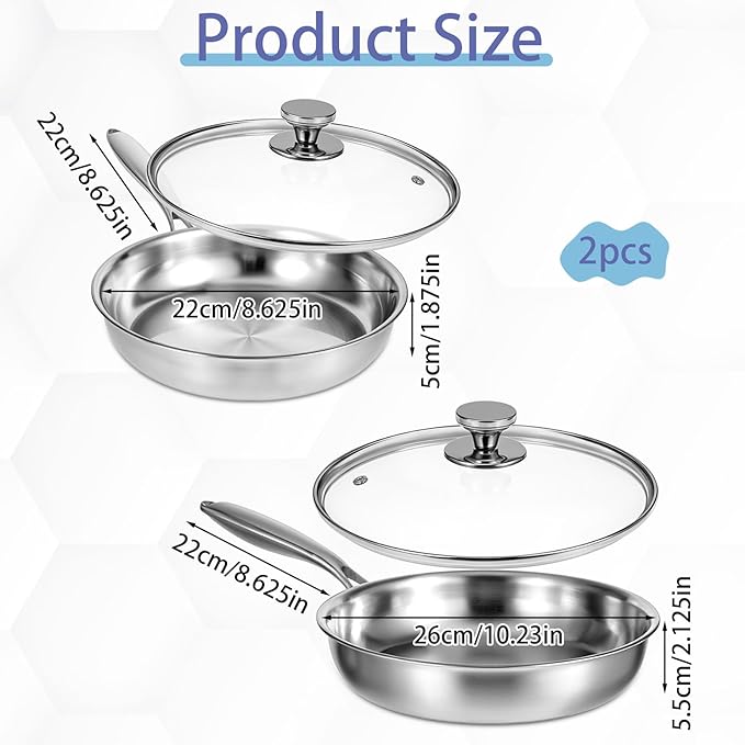 Tri-Ply Stainless Steel Frying Pan Set, 10 Inch and 11Inch, Induction Ready Egg Pan Stainless Cooking Pans with Lid, Dishwasher Safe, Oven Safe