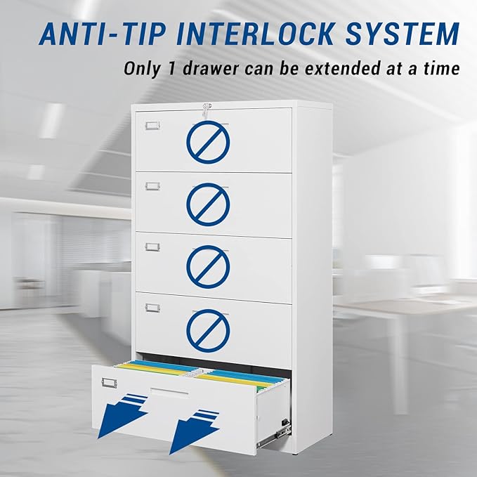 Lateral File Cabinet with 5 Drawers - White Metal Steel Filling Cabinets for Home Office - Lockable Storage Cabinet for Hanging Files Letter/Legal/F4/A4 Size-Assembly Required