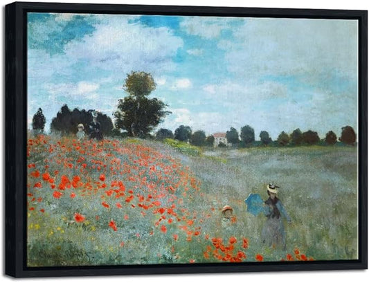 Wieco Art Framed Wall Art The Poppy Field Near Argenteuil Canvas Prints of Claude Monet Floral Oil Paintings Classic Flowers Landscape Pictures Artwork for Bedroom Home Decorations