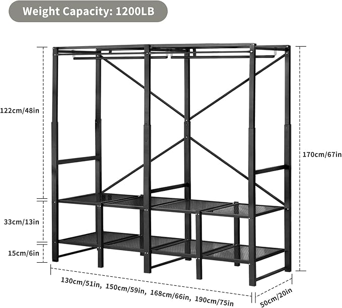 Portable Closet Rack Heavy-Duty Foldable Garment Racks with Cover 1200lbs Enclosed Wardrobe Closet with Independent Area for Hanging Clothes Storaging of Bedding (75in*20in*67in)