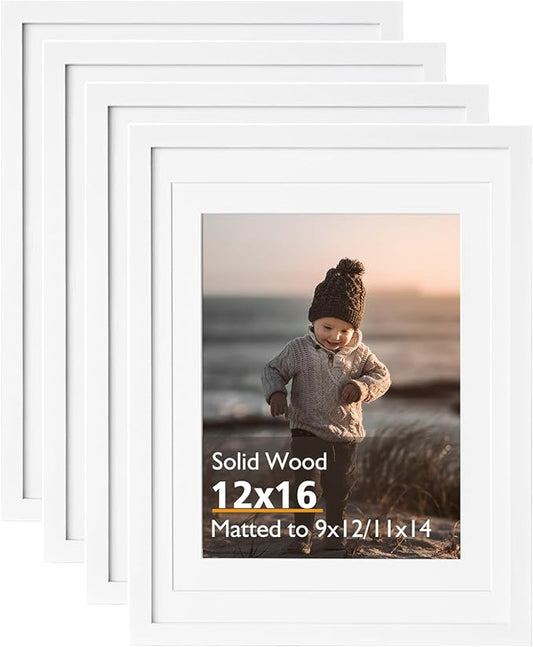 KINLINK 12x16 Picture Frame White - Solid Wood Frames with Acrylic Plexiglass for Pictures 11x14/9x12 with Mat or 12x16 without Mat, Wall Display Photo Frame, Set of 4