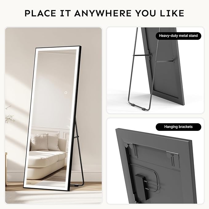 56×18 LED Full Length Mirror with Lights - Wall Mounted Vertical Vanity Mirror for Bedroom & Bathroom, Full Body Backlit, Adjustable Brightness, Tempered Glass, Full Length Mirror for Home