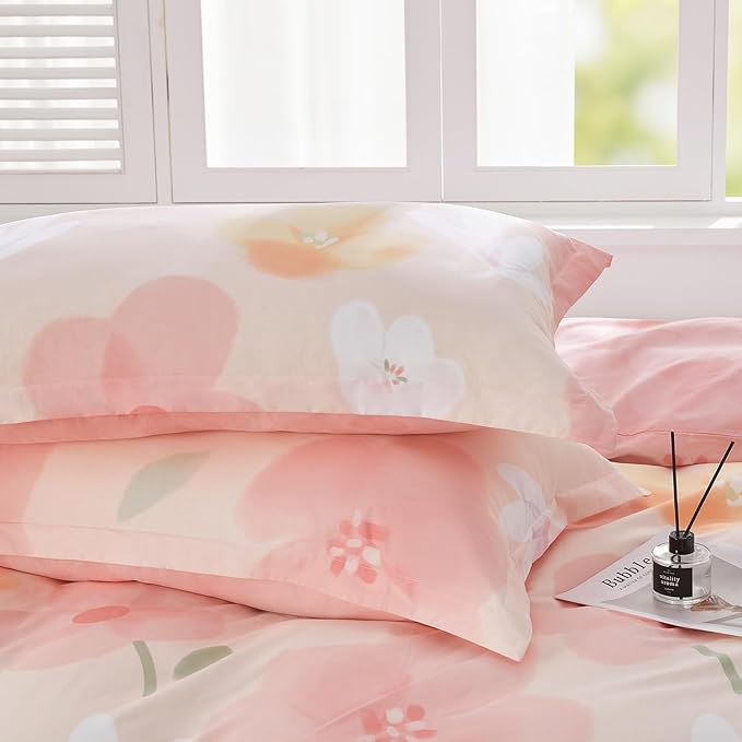 SAPHREAS Pink Floral Duvet Cover Set 3pcs Queen Size Garden Style Blossom Flower Printed Bedding Comforter Cover Set 100% Cotton 1 Duvet Cover 90"x90" 2 Pillow Shams, Comforter Not Included