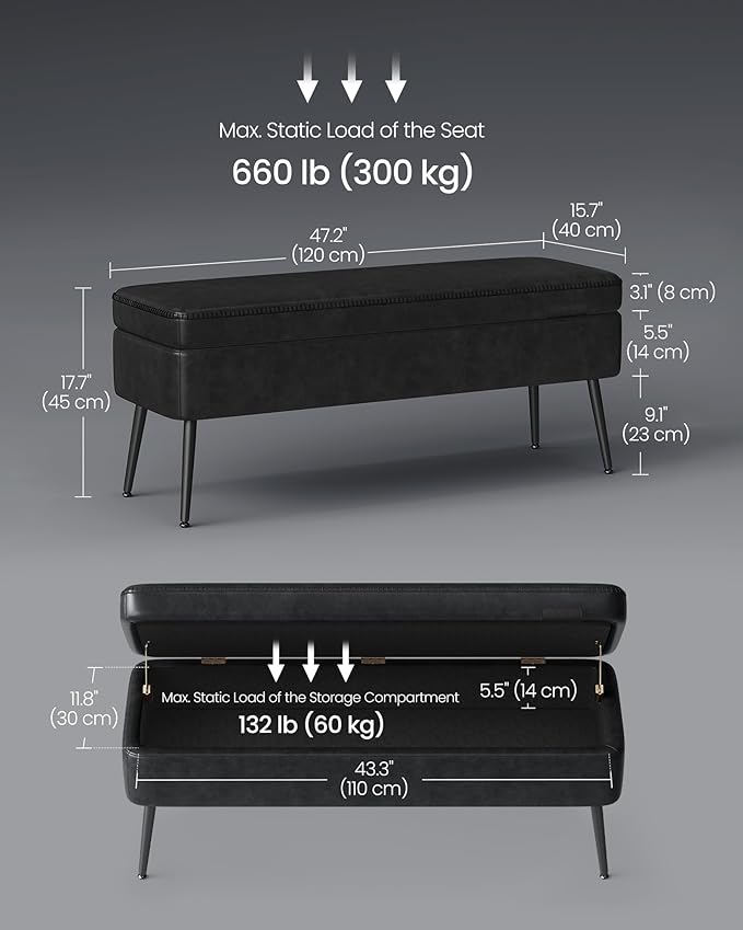 VASAGLE EKHO Collection - Storage Ottoman Bench, Entryway Bedroom Bench, 15 Gallons, Synthetic Leather with Stitching, Mid-Century Modern, Safety Hinges, Loads 660 lb, Ink Black ULOM074B01