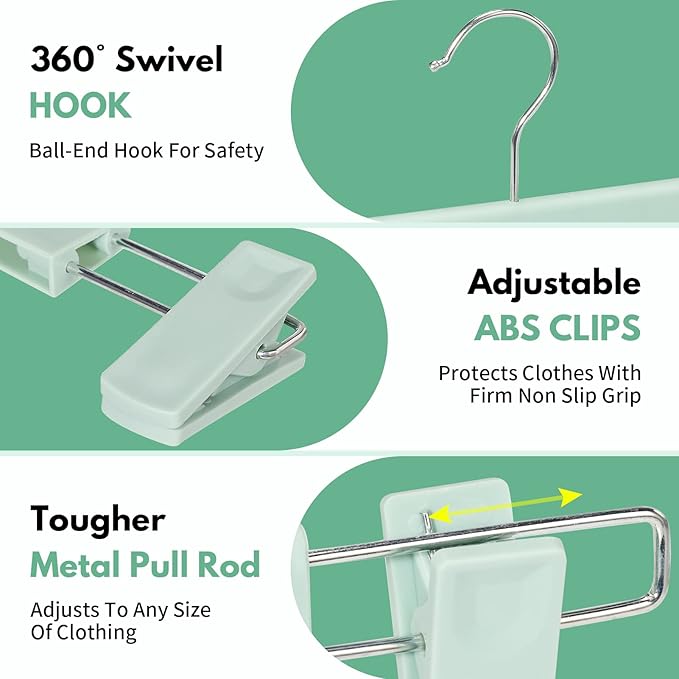 Skirt Hangers, Pants Hangers with Clips，360 ° Swivel Hooks Space Saving Hangers for Pants, Skirts, Clothes, Jeans (30 Pack, Light Green)