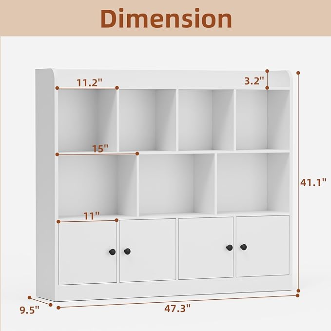 2 in 1 Large Toy Organizer and Storage, 4 Tier Kids Bookshelf with 11 Storage Cubbies, Wooden Storage Cabinet Daycare Furniture for School, Classroom, Playroom, Nursery, Kindergarten, White