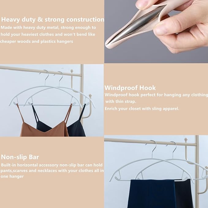 16.5 Inch White No Shoulder Bumps Non-Slip Rubber Coated Contour Metal Hanger, Sweater & T-Shirt Hanger with Pants Bar Pack of 10