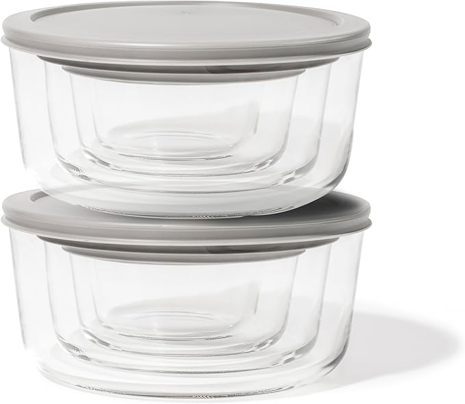 16-Piece Glass Food Storage Containers Set (8 Containers + 8 Lids) | Round, Nesting, Microwave & Dishwasher Safe | BPA-Free, Space-Saving | Grey Lids for Pantry & Kitchen Organization