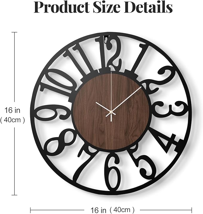 16 inch Wall Clock Battery Operated, Modern Round Big Wood Decorative Metal Wall Clock for Living Room, Non Ticking Silent Black Clocks, Bedroom, Kitchen, Farmhouse, Office Decor-Arabic Numerals