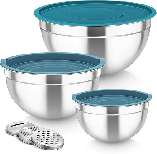 TeamFar Mixing Bowls, Stainless Steel Nesting Salad Bowls with Lids Set of 3 & 3 Grater Attachments, For Mixing/Serving/Storing, Non-toxic & Long-lasting, Size 4.6/3 / 1.5 QT, Navy Blue