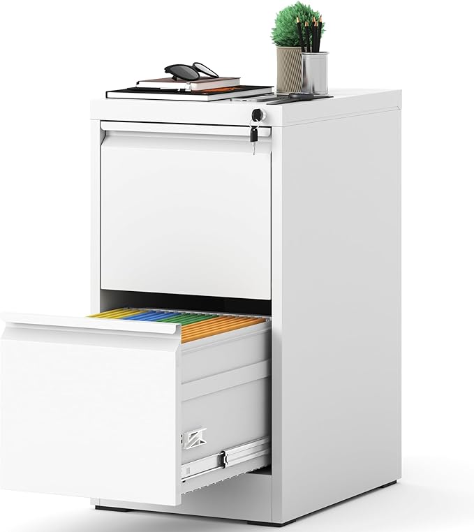 AQY File Cabinet with Lock, Metal Filing Cabinets for Home Office, 18" Deep Vertical Storage Drawer for Hanging A4/Letter/Legal Size Files, Assembly Require(White, 2 Drawers)