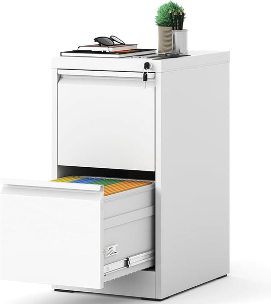 AQY File Cabinet with Lock, Metal Filing Cabinets for Home Office, 18" Deep Vertical Storage Drawer for Hanging A4/Letter/Legal Size Files, Assembly Require(White, 2 Drawers)