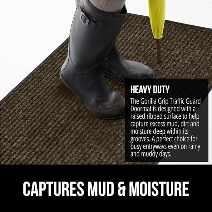 GORILLA GRIP Traffic Guard Door Mat, Heavy Duty Welcome Mats, Commercial Office Space Doormat, Waterproof, Fade Resistant, Strong Rubber Backing, Low Profile, Shoe and Boot Scraper, 29x17, Brown