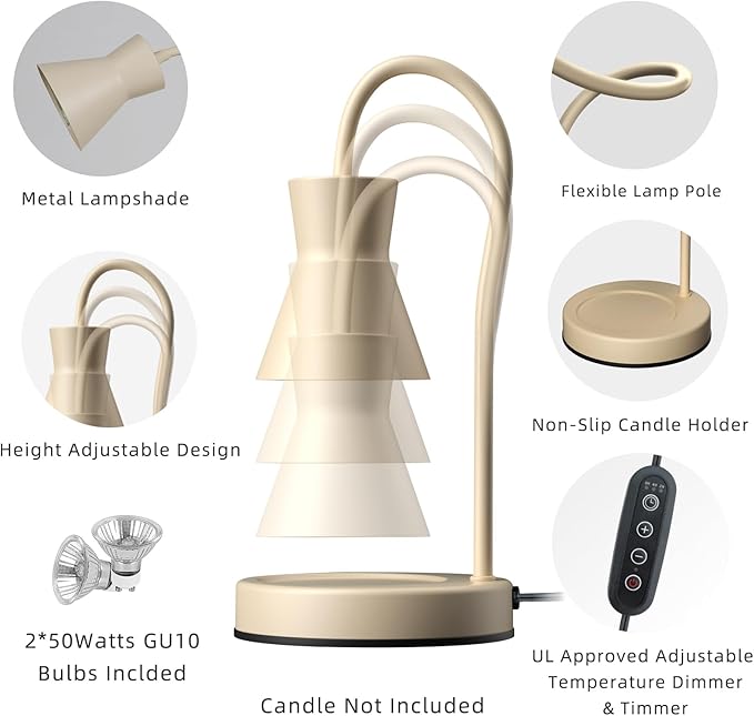 Candle Warmer Lamp with Timer and Dimmer, Vintage Electric Candle Melter with 2 Bulbs, Melter Scented Candle Height Adjustable Compatible with Jar Candles, House Warming Gifts (Beige)