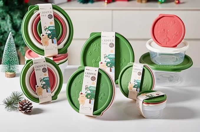 Plastic Food Storage Container Set, 4 Containers with Lids, Assorted Colors (ROUND HOLIDAY MAGIC)