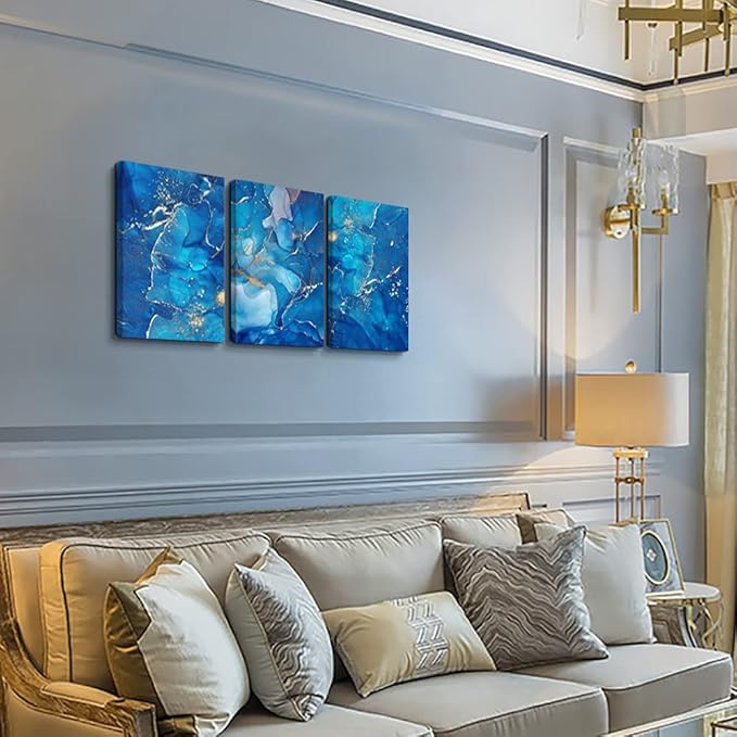 MHARTK66 Canvas Wall Art For Living Room Wall Decorations For Bedroom Modern Bathroom Wall Decor Painting Blue Abstract Pictures Artwork Inspirational Canvas Art Prints Kitchen Home Decor 3 Pieces