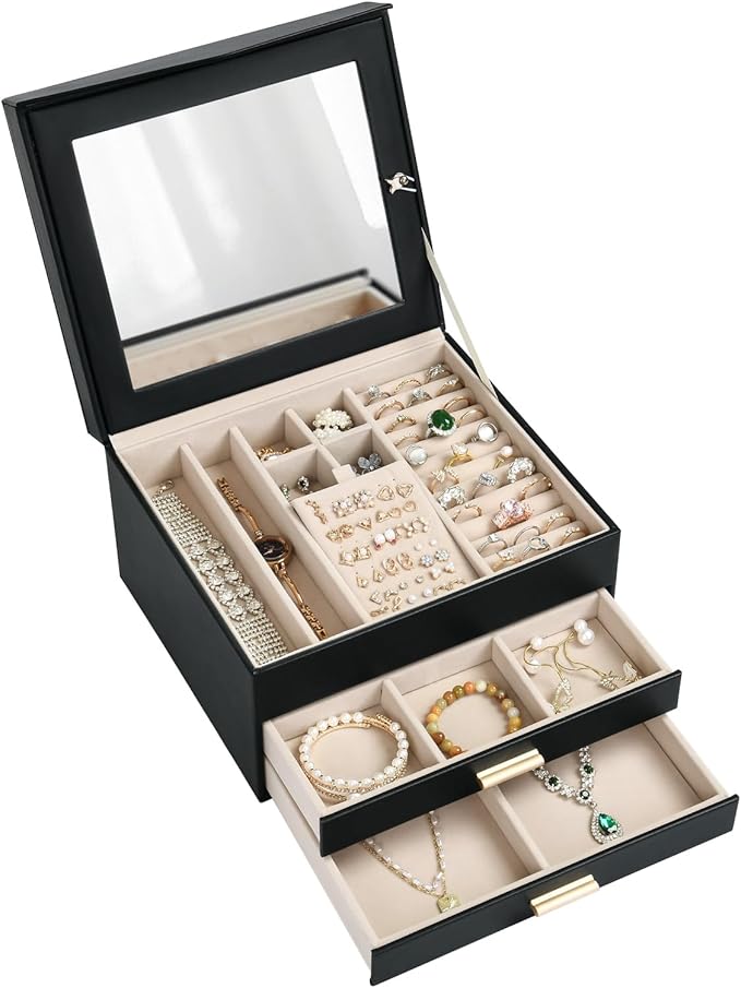 Amearea Jewelry Box Organizer for Women Girls with Mirror, 3-Layer Large Jewelry Storage Case, Synthetic Leather Jewelry Holder Organizer with Removable Tray for Necklaces Earrings Rings, Black