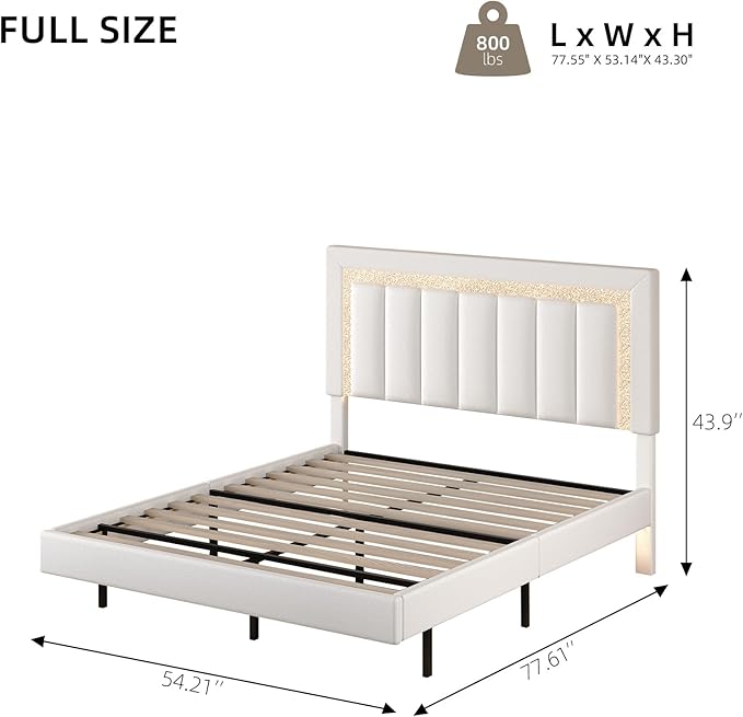 HOMBCK Floating Bed Frame Full with Smart LED Lights, Faux Leather Upholstered Platform Bed with Diamond PU Headboard, No Box Spring Needed, Noise-Free, Easy Assembly, White