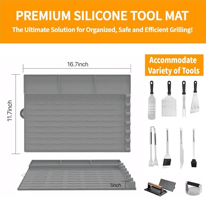 Blackstone Griddle Accessories, Silicone Grill Mat for Blackstone - Non-Slip BBQ Side Shelf Organizer with Drip Tray, Large Universal Griddle Seasoning for Outdoor/Kitchen Countertop(Gray)