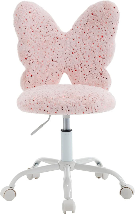 Cute Fuzzy Kids Chair for Teenage Girls Rolling Study Desk Student Chair Furry Computer Task Chair, Adjustable Butterfly Shaped Reading Vanity Chair for Bedroom, Pink