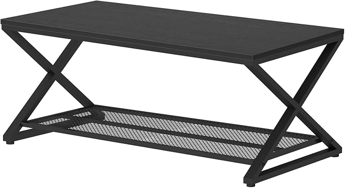 LVB Black Coffee Table, Metal Wood 2 Tier Center Tables with Storage Shelf, Modern Rectangular Cocktail Tea Table for Living Room, Wooden Middle Concrete Table for Office Bedroom, 39 inch, Black Oak