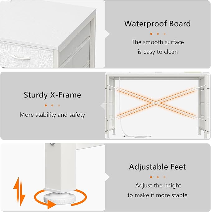 60 Inch Computer Desk with 8 Drawers, Home Office Desk with Power Outlets, Work Study Gaming Desk with 8 Fabric Drawers, White