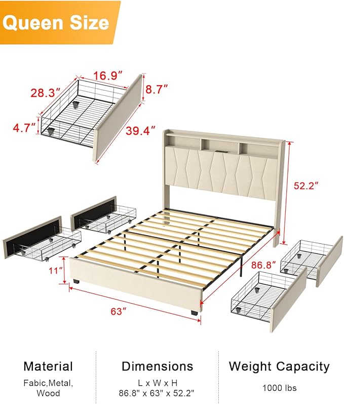 Queen Bed Frame, Velvet Upholstered LED Platform Bed with Headboard Storage, Queen Bed Built-in Charging Station with 4 Drawers, Wood Slat Support, No Box Spring Needed, Beige
