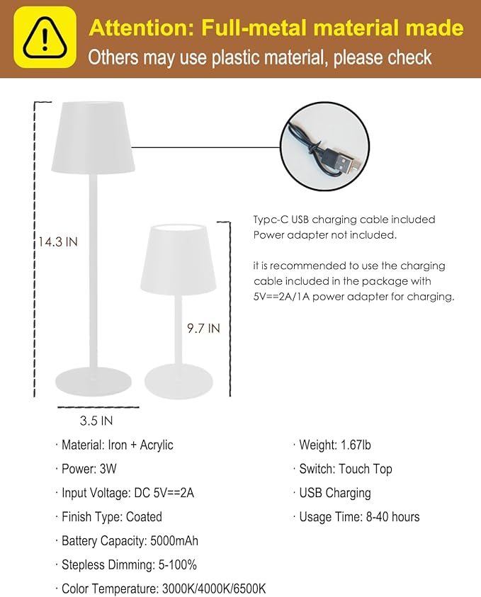 Cordless Table Lamp, Rechargeable Table Lamp with Touch Dimmable Control, Portable LED Desk Lamp for Indoor Patio (White-Round, 1)