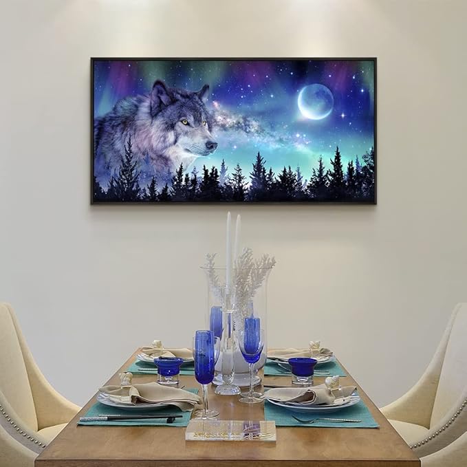 Framed Canvas Wall Art - Large Size Aurora Scenery Paintings - Abstract Wolf Wall Pictures - Black Framed 24" X 48" - For Living Room, Bedroom & Office Decor