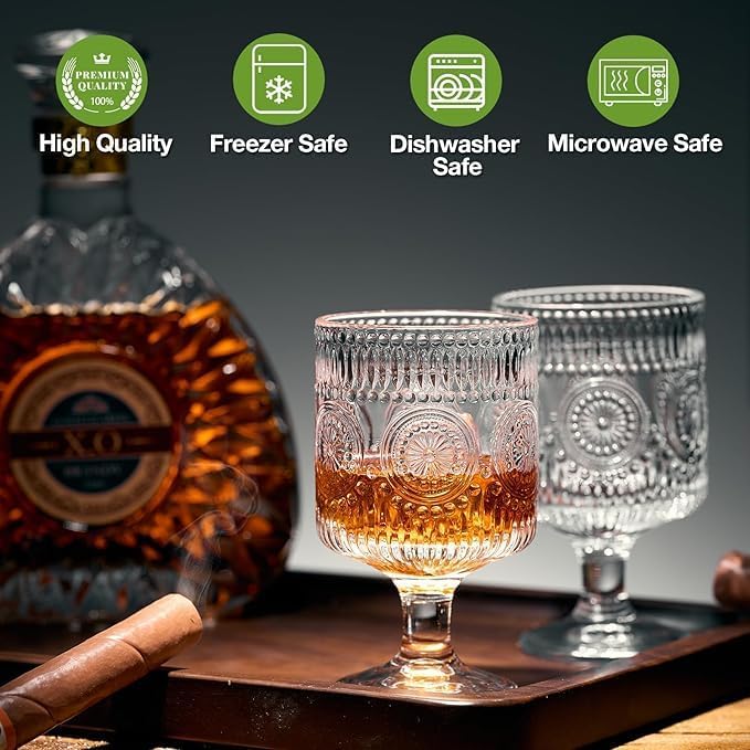 6 Packs Vintage Goblet Glasses Handcrafted Art Deco Crystal Goblets 8 oz Wine Glasses Drinking Goblets Bar Tumbler Glassware for Iced Tea, Wine, Beer, Juice, Cocktail, Whiskey