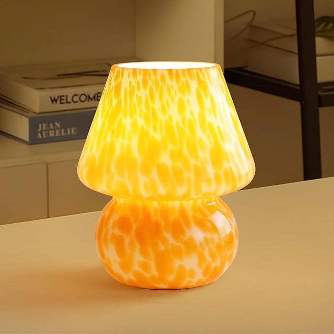Flame Orange Mushroom Table Lamp – Mid-Century Modern Small Bedside Light for Bedroom & Living Room | Cute Mini Nightstand Lamp with Aesthetic Decor, Blending Retro Charm