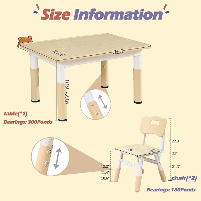 Kids Table and 2 Chair Set, Toddler Table and Chair Set Height Adjustable, 31.5''L x 23.6''W Multifunctional Toddler Table for Reading, Drawing, Eating, for Girls & Boys Age 2-10, Burlywood