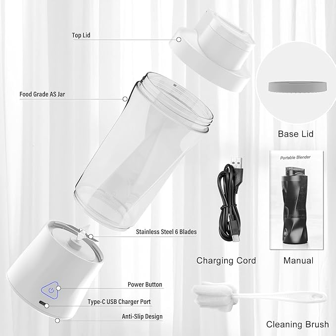 Portable Blender, 360W Personal Blender for Shakes and Smoothies for Kitchen, 24 Oz BPA Free Traveling Juicer Cup and Lid with 6 Blades, Self Cleaning Portable Juicer for Kitchen/Travel/Gym, White