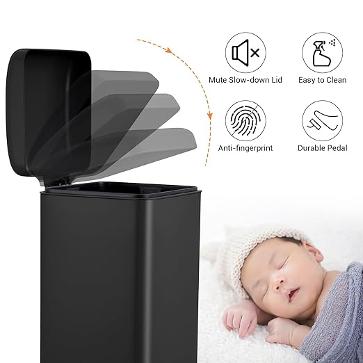 30 Liter/8 Gallon Kitchen Trash Can, Fingerprint-Proof Stainless Steel Garbage Can with Soft Close Lid, Foot Pedal, Removable Inner Bucket for Home, Office, Bedroom, Bathroom, Black