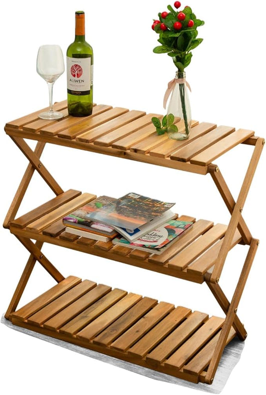 BEEFURNI Multipurpose Display Shelf Folding, 3 Tier Shelf, Acacia Wood Rack, Plant Stand Indoor, Wooden Shoe Rack, Vanity Bathroom Stand, Easy to Assemble, 1 Year Warranty