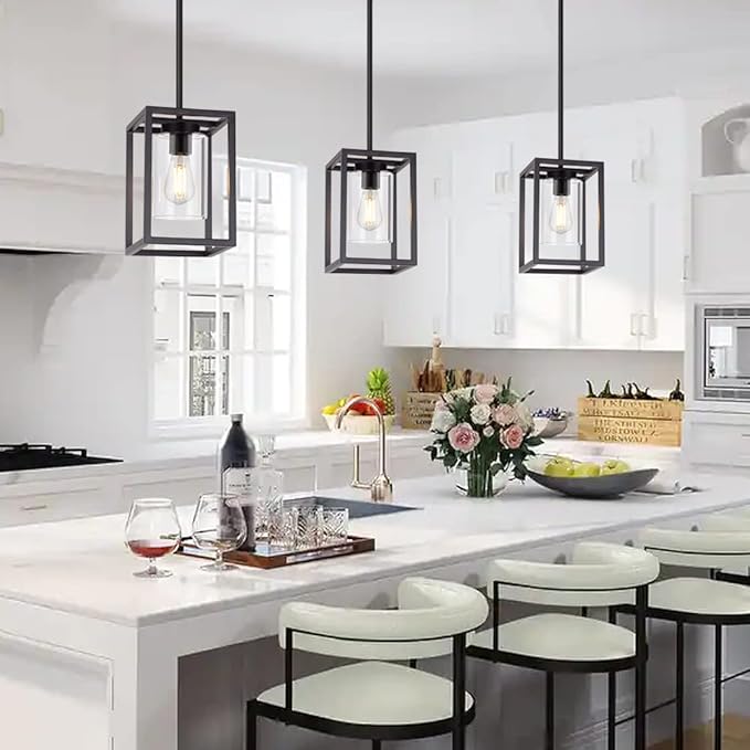 VINLUZ 1 Light Farmhouse Pendant Lighting Black Cage Chandelier Glass Shade Contemporary Modern Kitchen Island Lights Fixtures Ceiling Hanging Dining Room Living Room