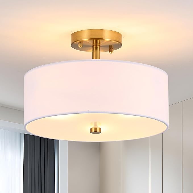 3-Light Gold Semi Flush Mount Ceiling Light,12" Drum Light with White Fabric Shade,Modern Close to Ceiling Light for Bedroom, Living Room, Kitchen, Dining Room, Hallway and Entryway