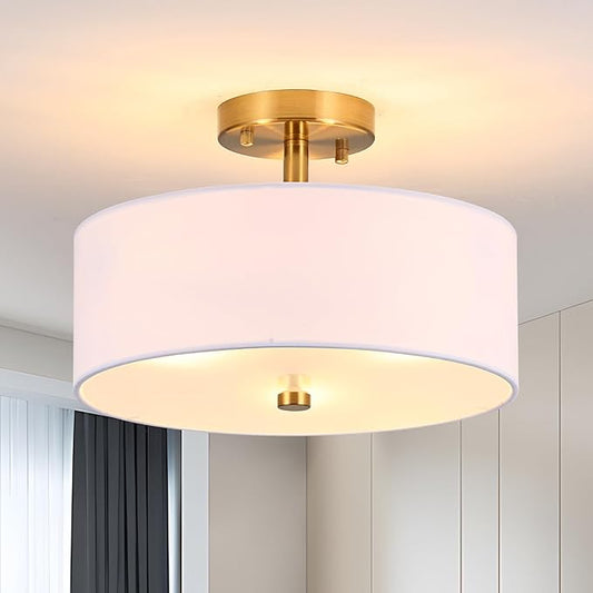 3-Light Gold Semi Flush Mount Ceiling Light,12" Drum Light with White Fabric Shade,Modern Close to Ceiling Light for Bedroom, Living Room, Kitchen, Dining Room, Hallway and Entryway