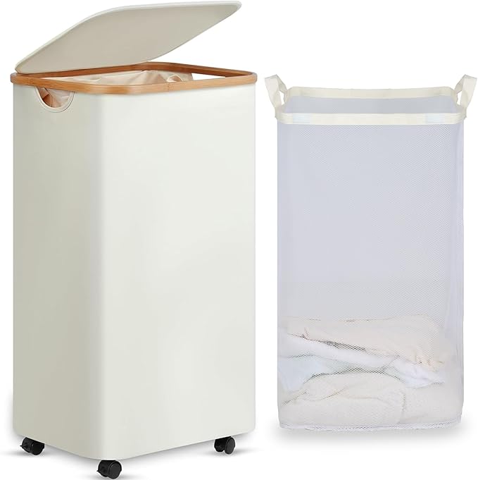 efluky Laundry Basket with Wheels, Tall Rolling Laundry Hamper with Lid and Removable Bag, Aesthetic Dirty Clothes Hamper on Wheels for Laundry Room, Bedroom, Dorm and Bathroom, 100L Beige