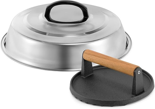 BBQ Accessories 12 Inch Round Stainless Steel Basting Cover - Cheese Melting Dome Round Cast Iron Grill Press Kit for Hamburger Bacon Steak, Best fits for Blackstone Camp Chef Flat Top Griddle Grill
