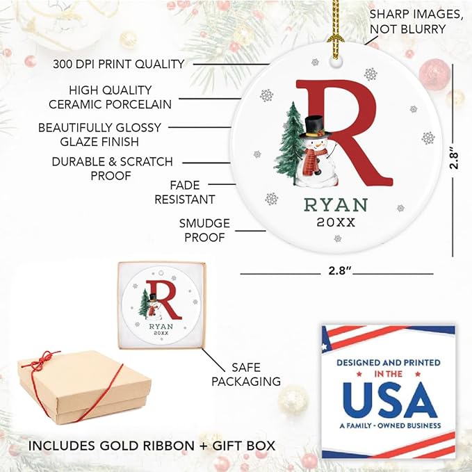 Andaz Press Personalized Christmas Ornaments, Custom Name, Initial R Monogram Snowman 2.8" Ceramic Porcelain 2025 Christmas Ornament Keepsake for Kids, Boys, Girls, 1-Pack Initial Ornaments