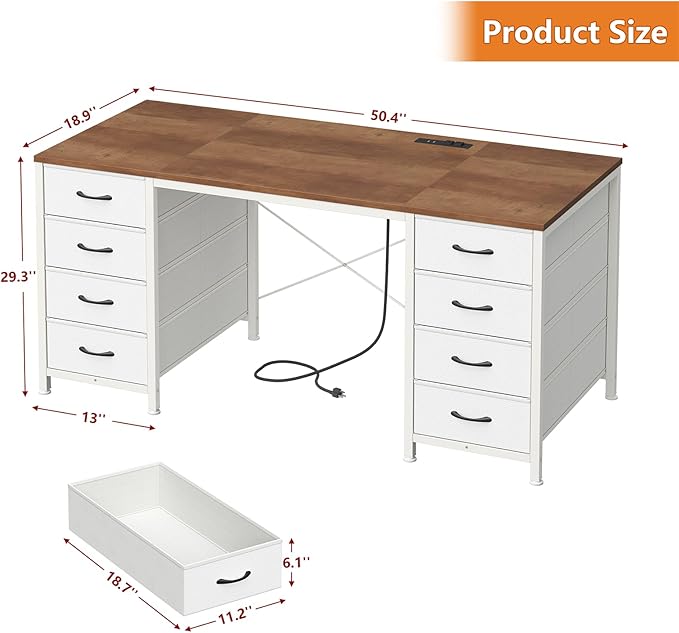 50 Inch Computer Desk with 8 Drawers, Home Office Desk with Power Outlets, Work Study Gaming Desk with 8 Fabric Drawers, Brown and White