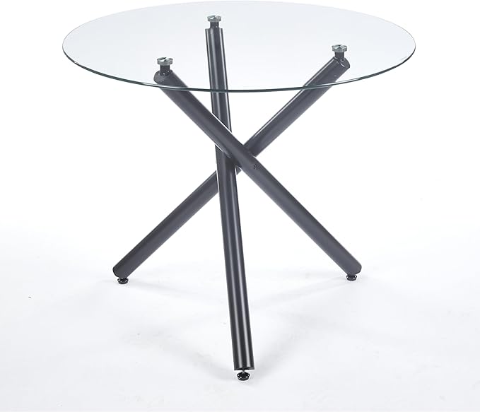 Round Glass Dining Table,Glass Dining Room Table with Tempered Glass Tabletop and Metal Legs, Modern Style Glass Kitchen Table for Home, Kitchen, Dining Room