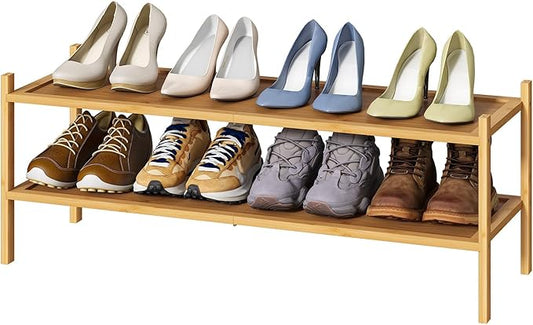 Long Shoe Rack, 2-Tier Bamboo Wood Shoe Rack, Stackable for Closet, Entryway & Hallway