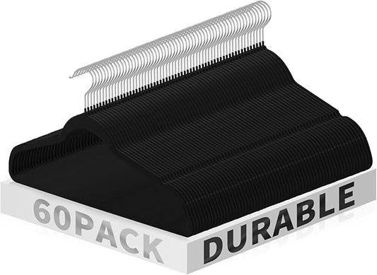 Jiang&Rong 60 Pack Black Velvet Hangers, Ultra Thin Space Saving Non-Slip Clothes Hanger, No Shoulder Bumps Suit Hangers for Sweaters, Jackets, Pants, Dresses & Shirts, Heavy Duty Velvet Coat Hanger