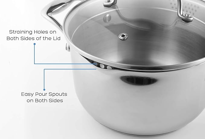 Rorence Stainless Steel Saucepan Sauce Pan with Pour Spout & Glass Lid with Strainer - 3.7 Quart